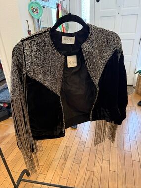 Lani x Freepeople  Black Velvet Cropped Jacket with Silver Beaded Fringe